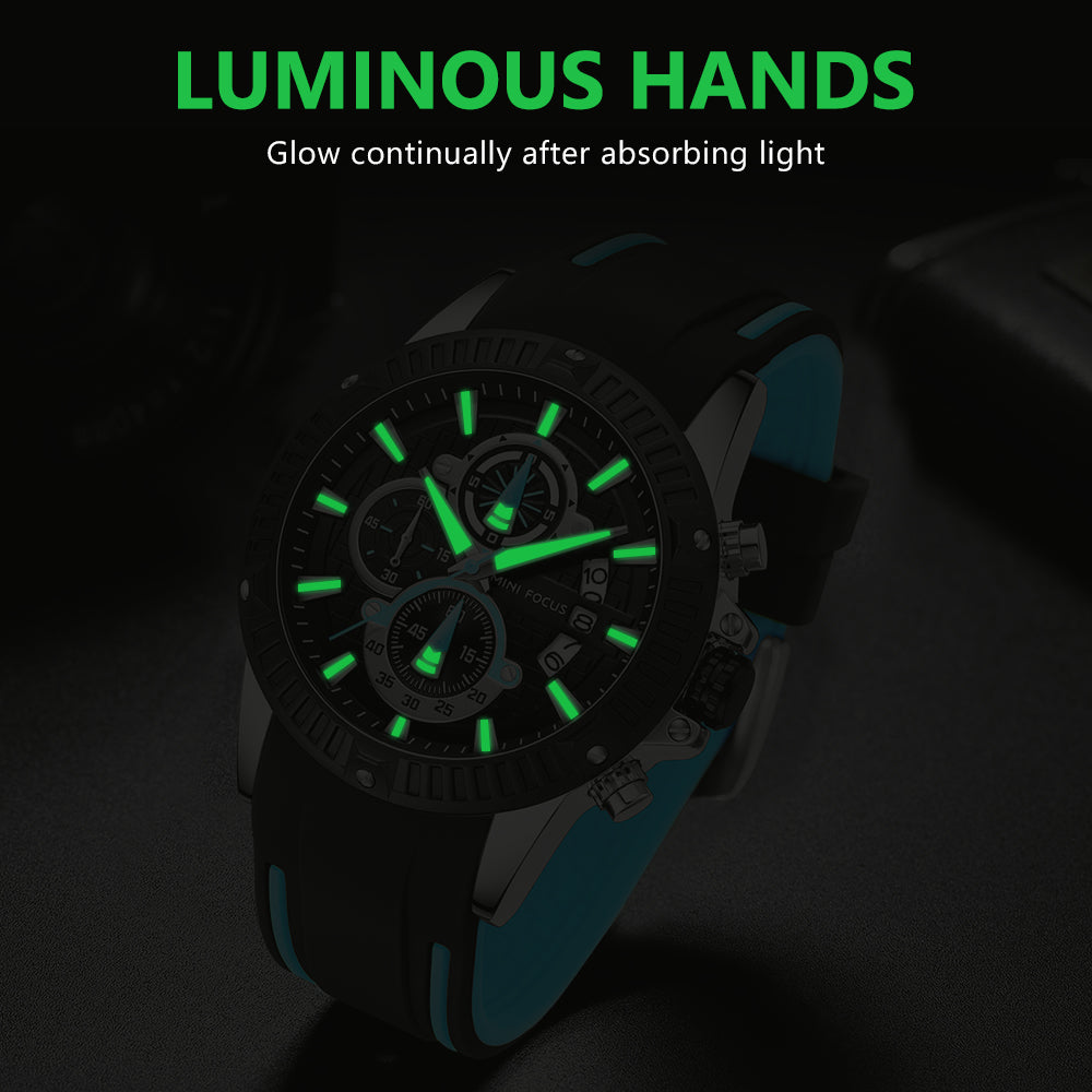 Mini Focus MF0244G.03 Men's Luxury Sports Chronograph Watch – Textured Black Dial with Cyan Highlights, Multi-Layer Chronograph Display and Bold Silicone Strap