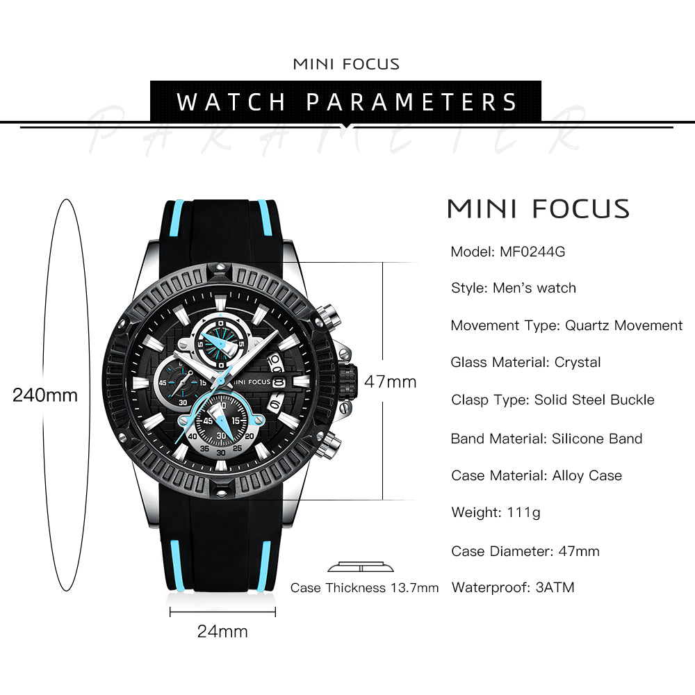 Mini Focus MF0244G.03 Men's Luxury Sports Chronograph Watch – Textured Black Dial with Cyan Highlights, Multi-Layer Chronograph Display and Bold Silicone Strap