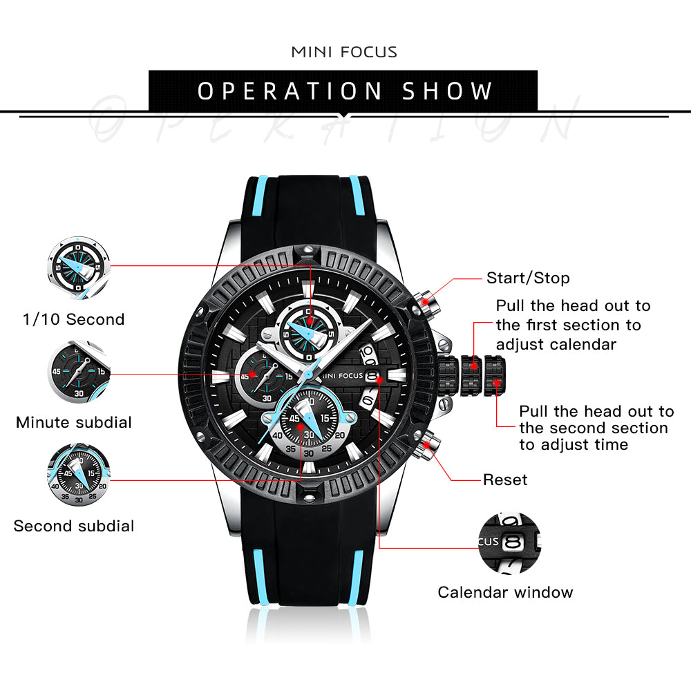 Mini Focus MF0244G.03 Men's Luxury Sports Chronograph Watch – Textured Black Dial with Cyan Highlights, Multi-Layer Chronograph Display and Bold Silicone Strap