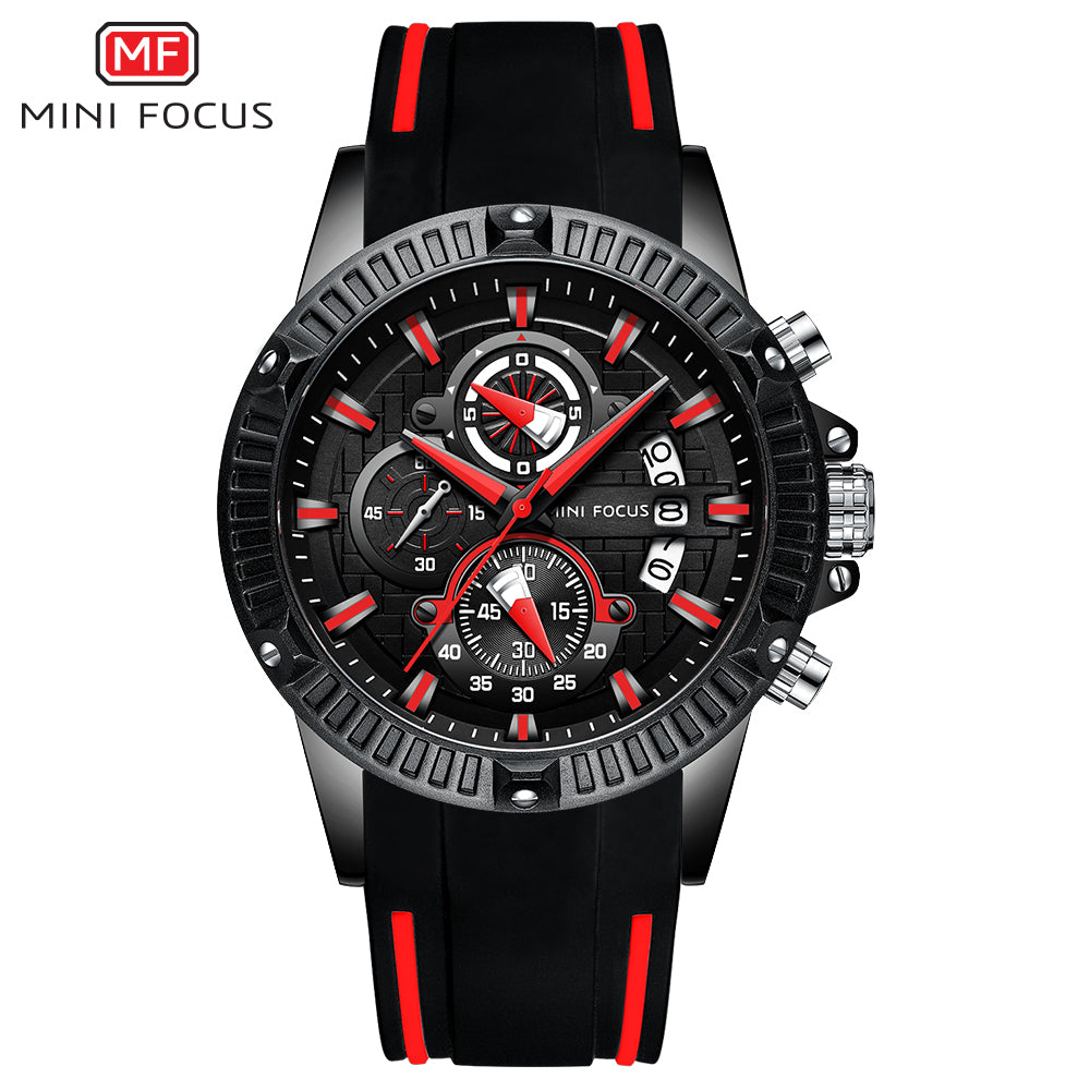 Mini Focus MF0244G.04 Men's Luxury Sports Chronograph Watch – Textured Black Dial with Red Highlights, Multi-Layer Chronograph Display and Bold Silicone Strap