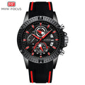 Mini Focus MF0244G.04 Men's Luxury Sports Chronograph Watch – Textured Black Dial with Red Highlights, Multi-Layer Chronograph Display and Bold Silicone Strap