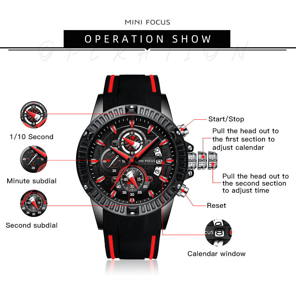 Mini Focus MF0244G.04 Men's Luxury Sports Chronograph Watch – Textured Black Dial with Red Highlights, Multi-Layer Chronograph Display and Bold Silicone Strap