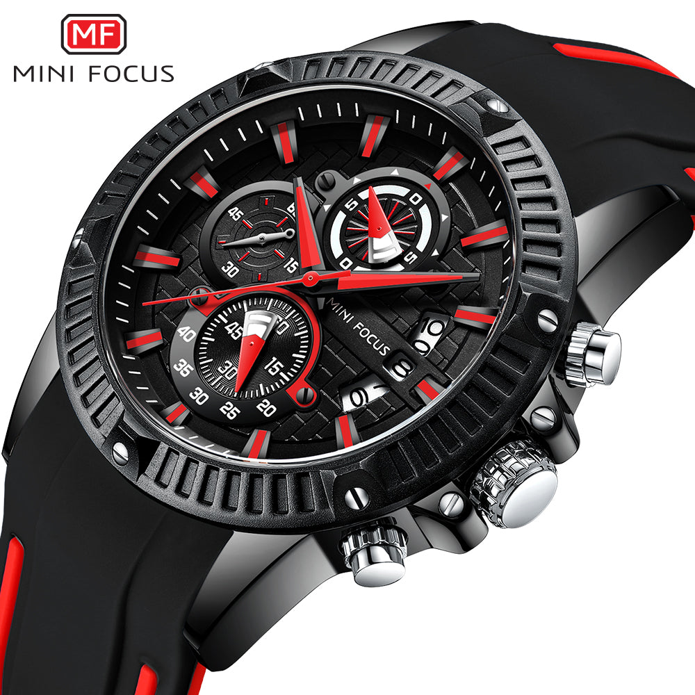 Mini Focus MF0244G.04 Men's Luxury Sports Chronograph Watch – Textured Black Dial with Red Highlights, Multi-Layer Chronograph Display and Bold Silicone Strap