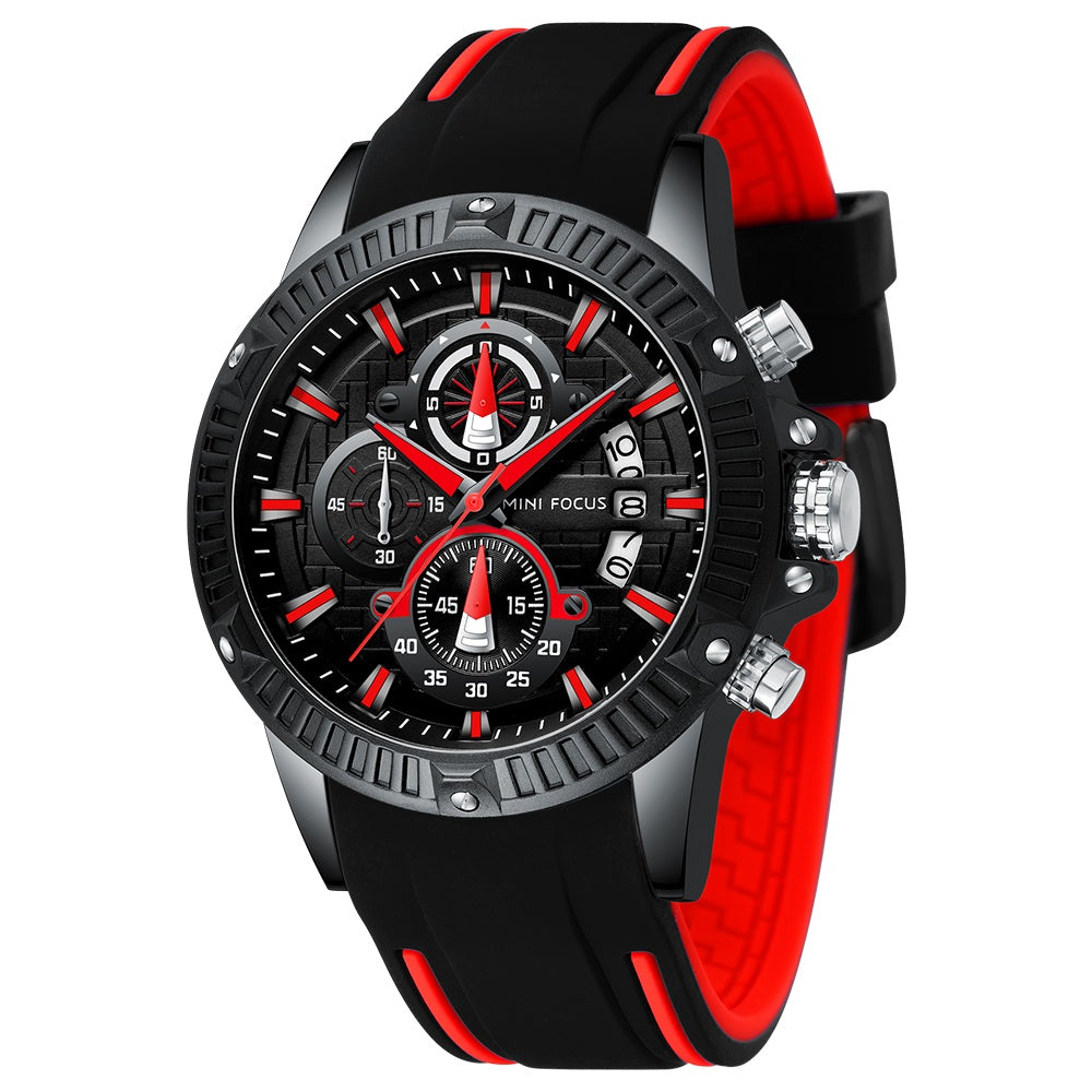 Mini Focus MF0244G.04 Men's Luxury Sports Chronograph Watch – Textured Black Dial with Red Highlights, Multi-Layer Chronograph Display and Bold Silicone Strap