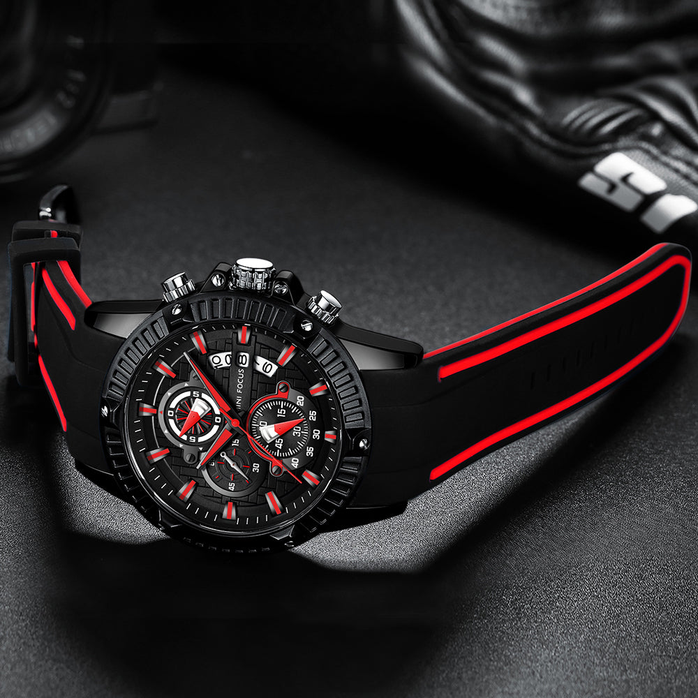 Mini Focus MF0244G.04 Men's Luxury Sports Chronograph Watch – Textured Black Dial with Red Highlights, Multi-Layer Chronograph Display and Bold Silicone Strap