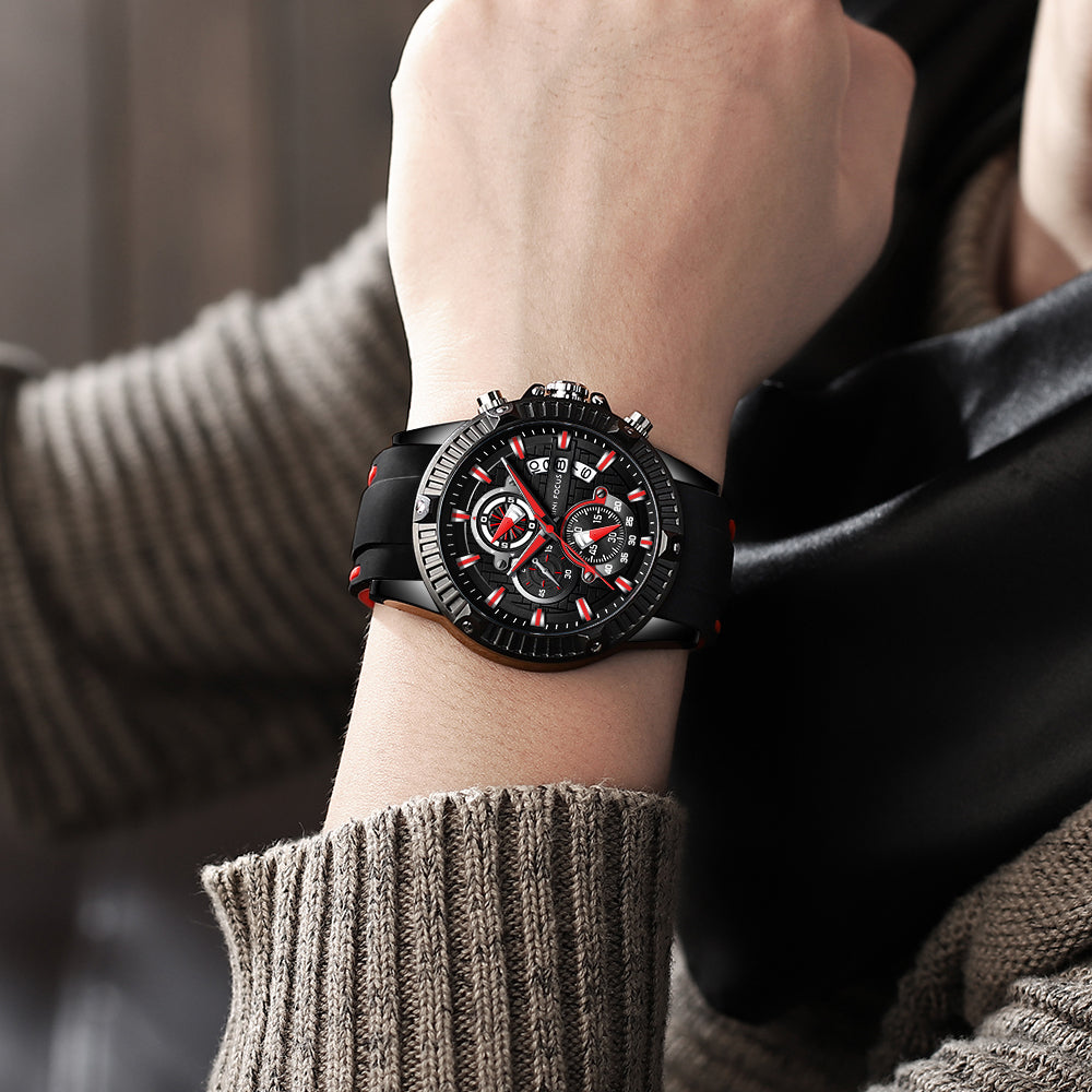 Mini Focus MF0244G.04 Men's Luxury Sports Chronograph Watch – Textured Black Dial with Red Highlights, Multi-Layer Chronograph Display and Bold Silicone Strap