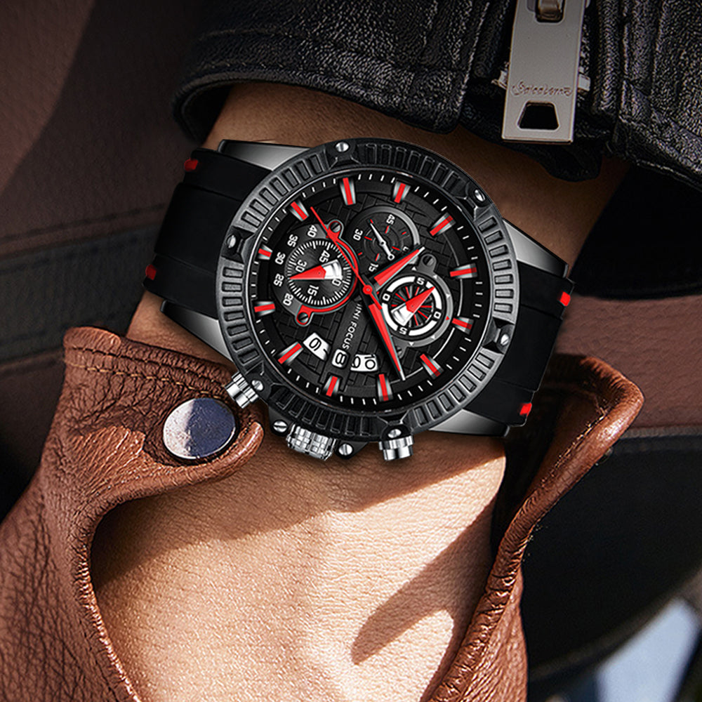 Mini Focus MF0244G.04 Men's Luxury Sports Chronograph Watch – Textured Black Dial with Red Highlights, Multi-Layer Chronograph Display and Bold Silicone Strap