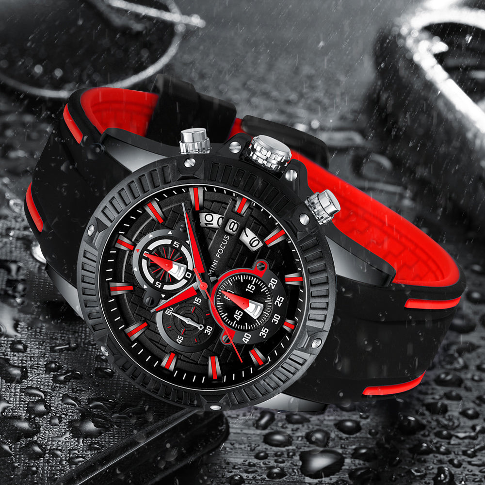 Mini Focus MF0244G.04 Men's Luxury Sports Chronograph Watch – Textured Black Dial with Red Highlights, Multi-Layer Chronograph Display and Bold Silicone Strap