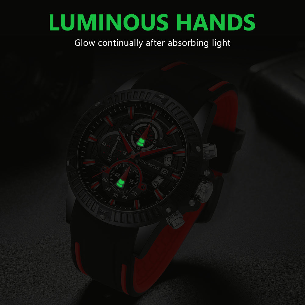Mini Focus MF0244G.04 Men's Luxury Sports Chronograph Watch – Textured Black Dial with Red Highlights, Multi-Layer Chronograph Display and Bold Silicone Strap