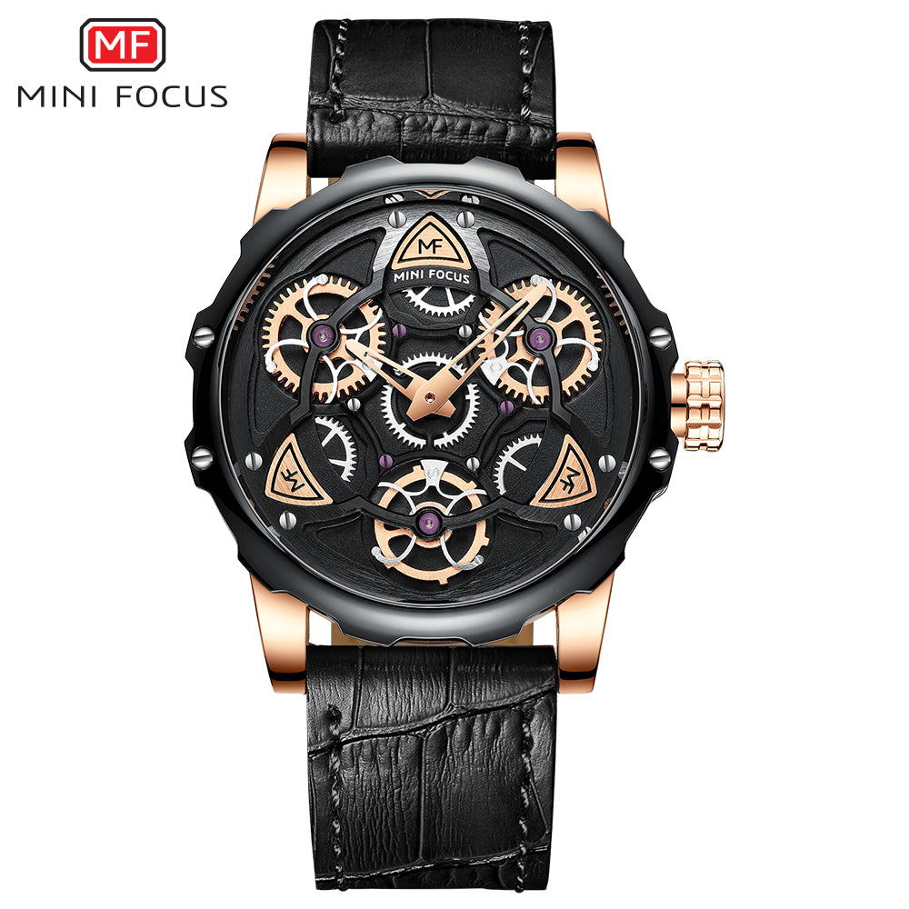 Mini Focus MF0249G.03 Black Skeleton Dial Grey Leather Strap Luxury Chronograph Watch