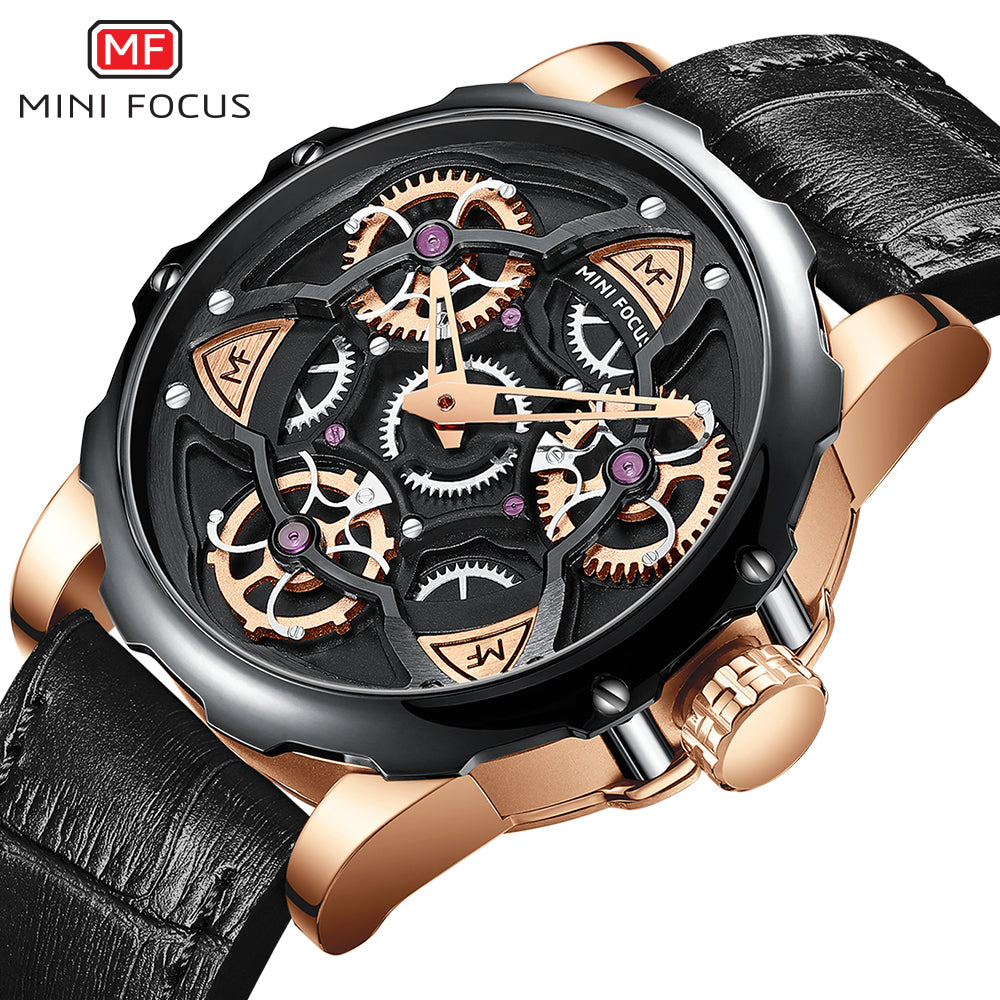Mini Focus MF0249G.03 Black Skeleton Dial Grey Leather Strap Luxury Chronograph Watch