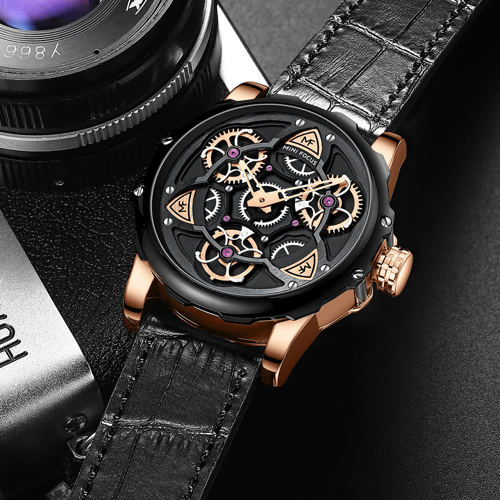 Mini Focus MF0249G.03 Black Skeleton Dial Grey Leather Strap Luxury Chronograph Watch