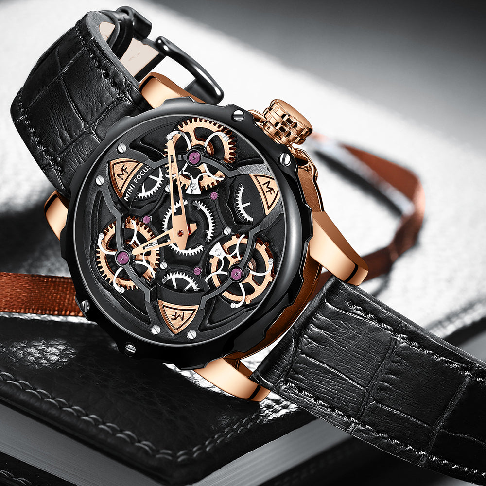 Mini Focus MF0249G.03 Black Skeleton Dial Grey Leather Strap Luxury Chronograph Watch