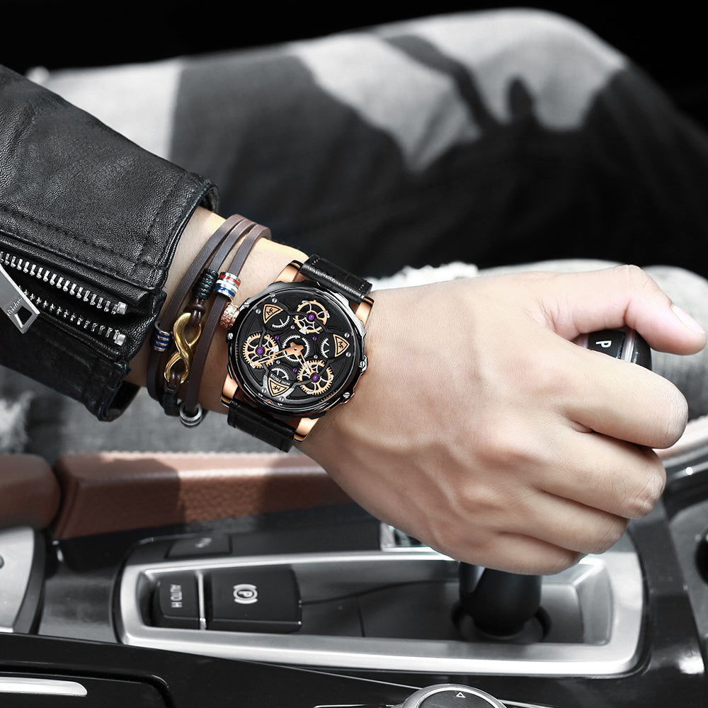 Mini Focus MF0249G.03 Black Skeleton Dial Grey Leather Strap Luxury Chronograph Watch