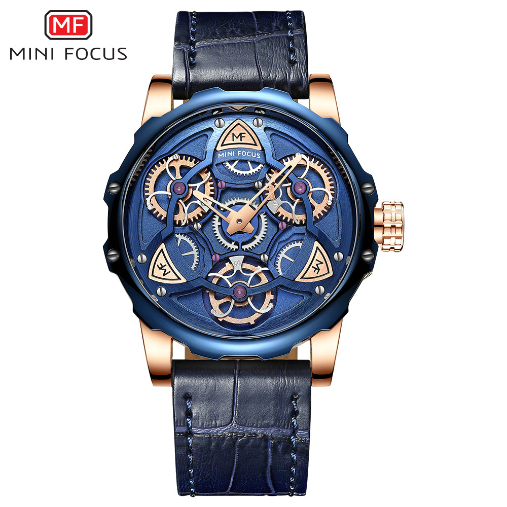 Mini Focus MF0249G.04 Blue Skeleton Dial Blue Leather Strap Rose Gold Case Mechanical Watch