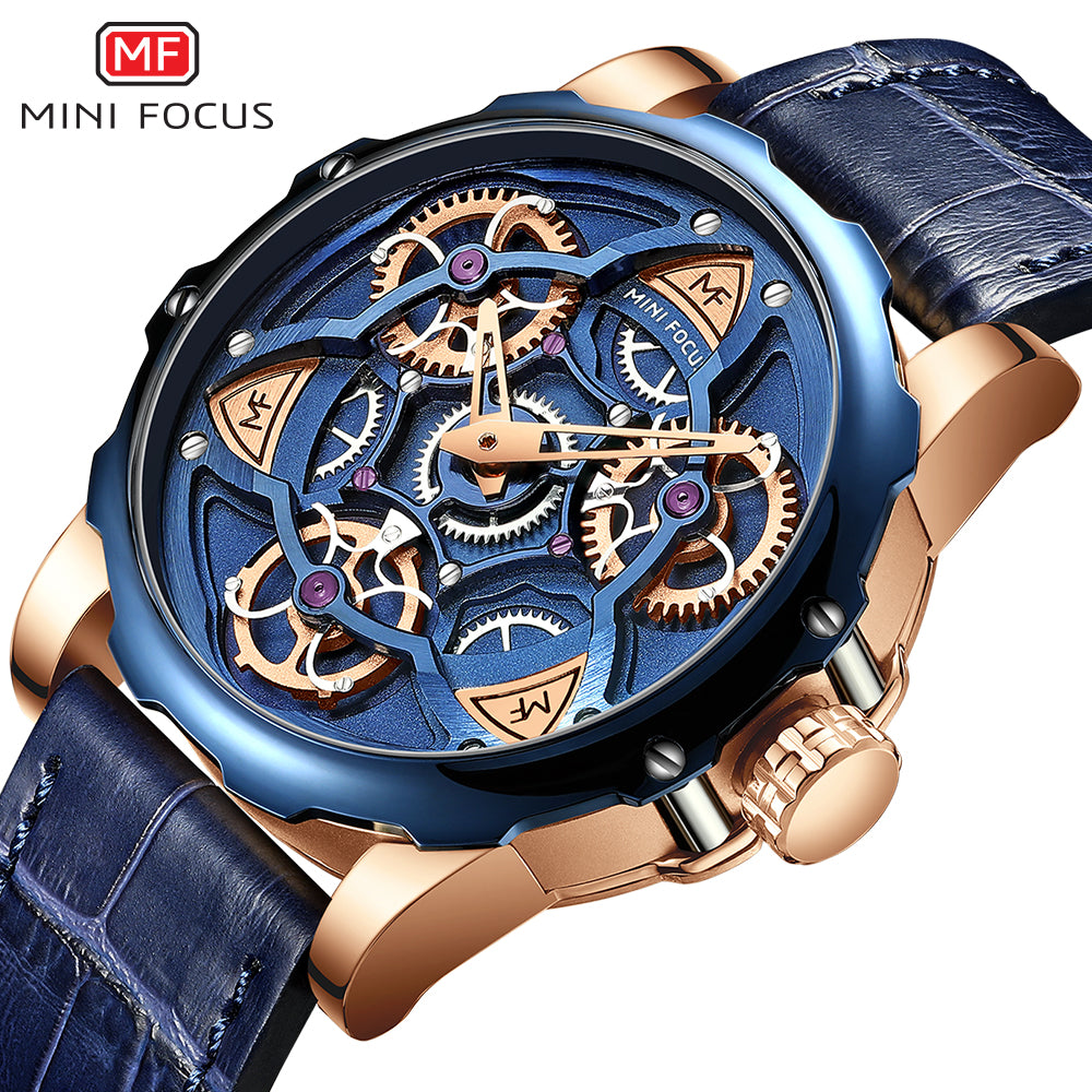 Mini Focus MF0249G.04 Blue Skeleton Dial Blue Leather Strap Rose Gold Case Mechanical Watch