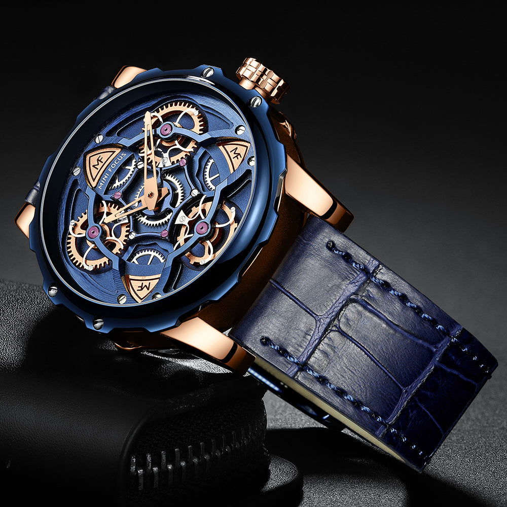 Mini Focus MF0249G.04 Blue Skeleton Dial Blue Leather Strap Rose Gold Case Mechanical Watch