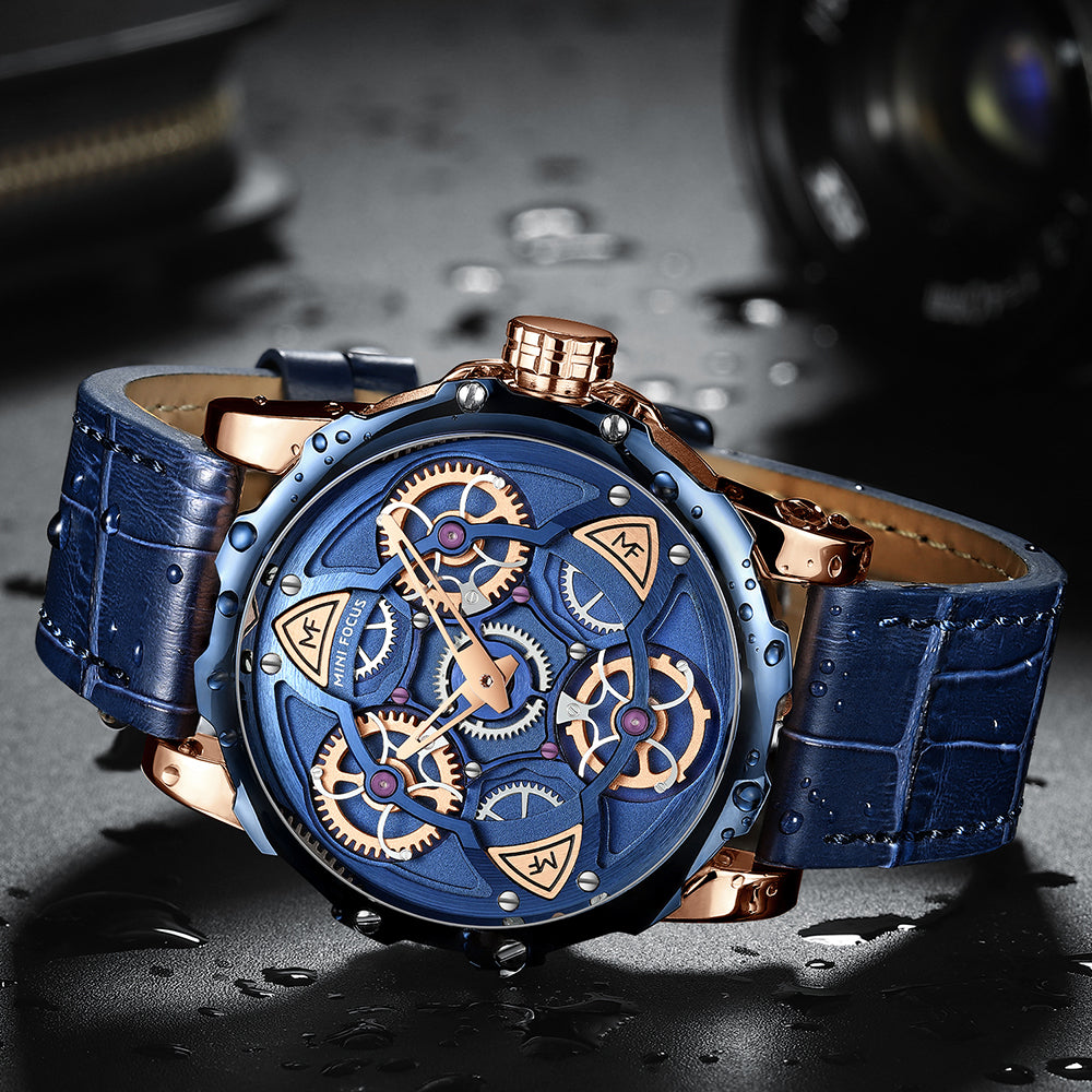 Mini Focus MF0249G.04 Blue Skeleton Dial Blue Leather Strap Rose Gold Case Mechanical Watch