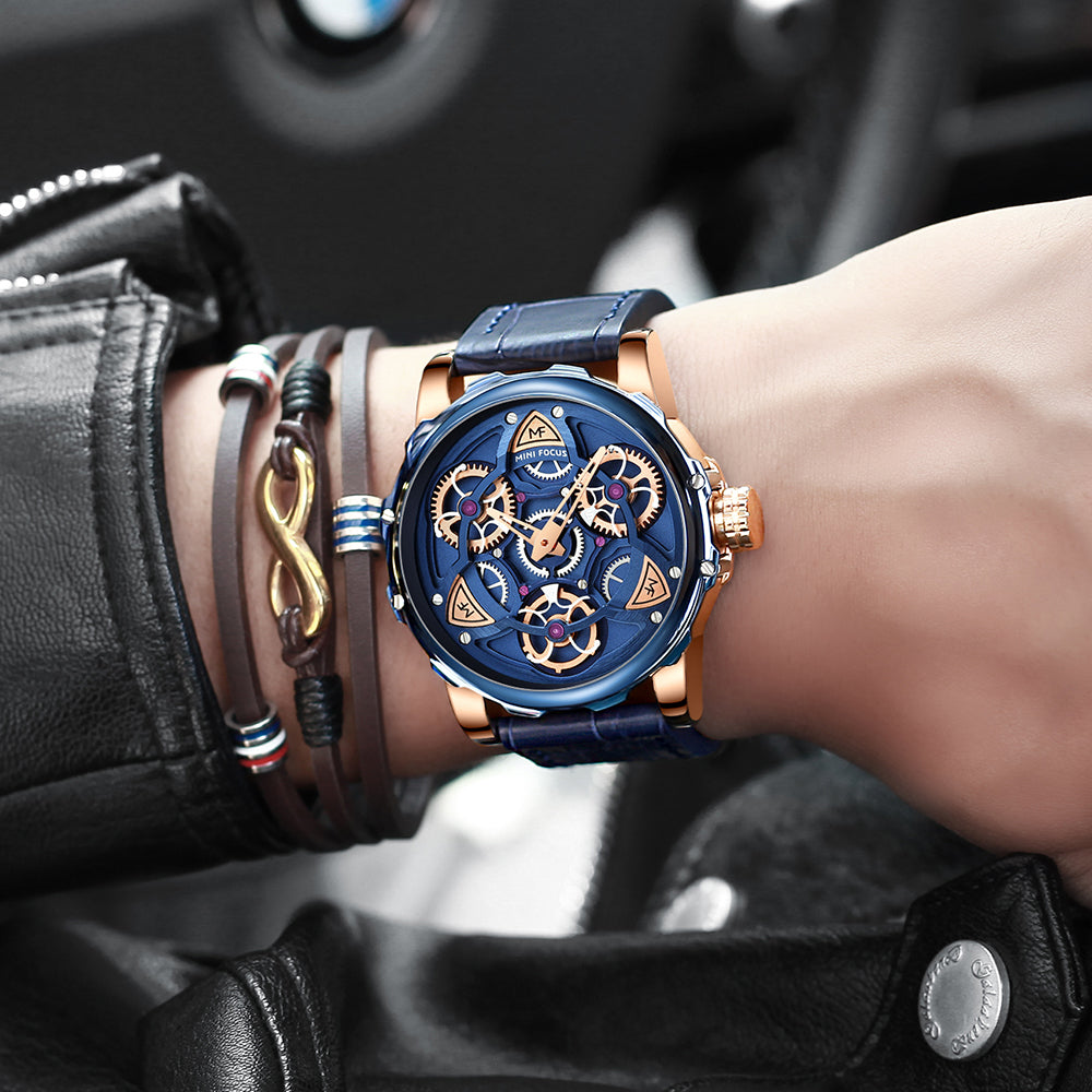 Mini Focus MF0249G.04 Blue Skeleton Dial Blue Leather Strap Rose Gold Case Mechanical Watch