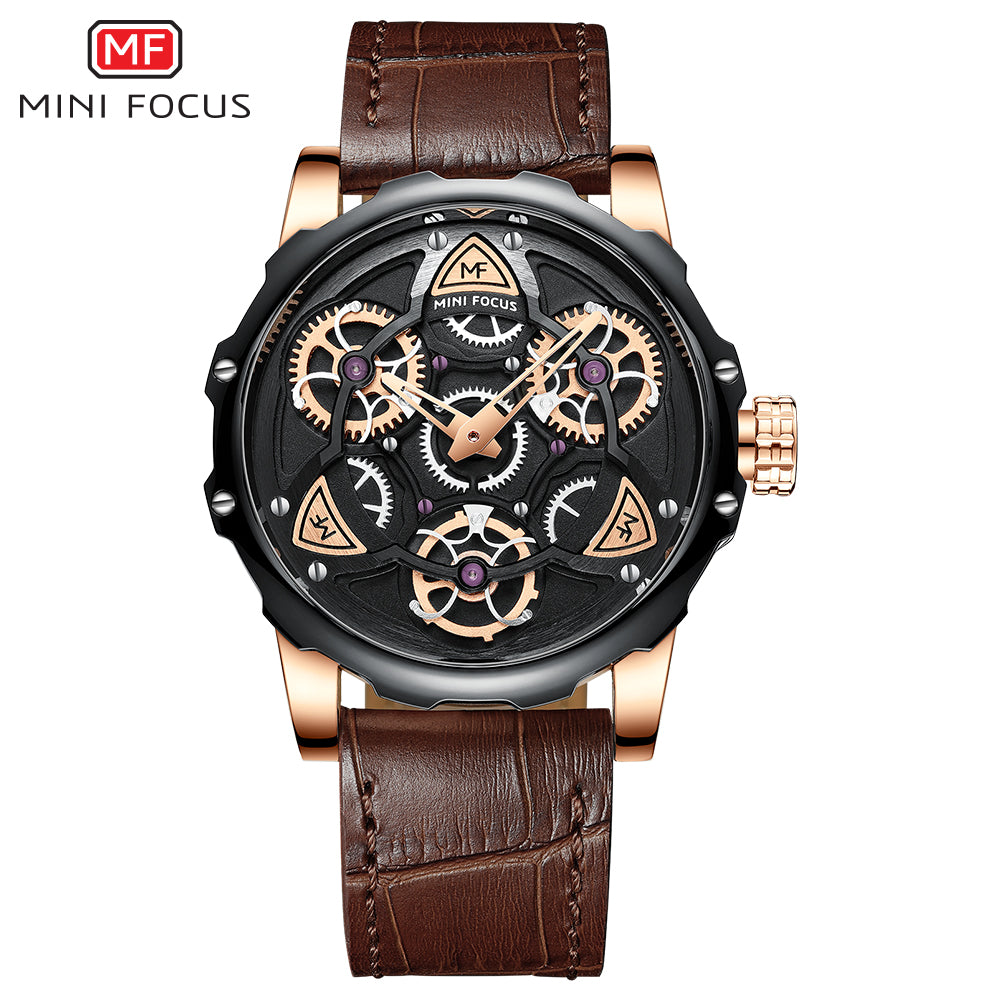 Mini Focus MF0249G.05 Black Skeleton Dial Brown Leather Strap with Rose Gold Case Mechanical Watch