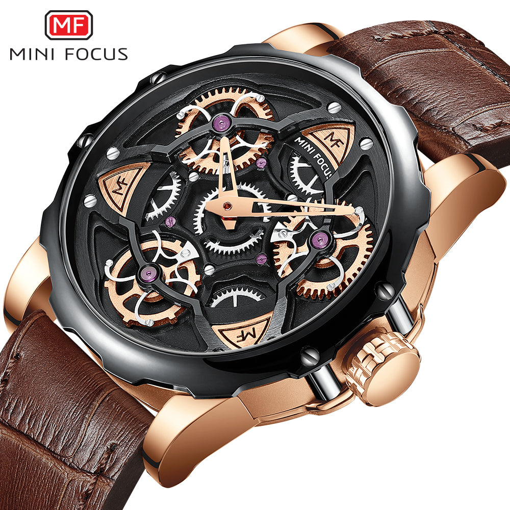 Mini Focus MF0249G.05 Black Skeleton Dial Brown Leather Strap with Rose Gold Case Mechanical Watch