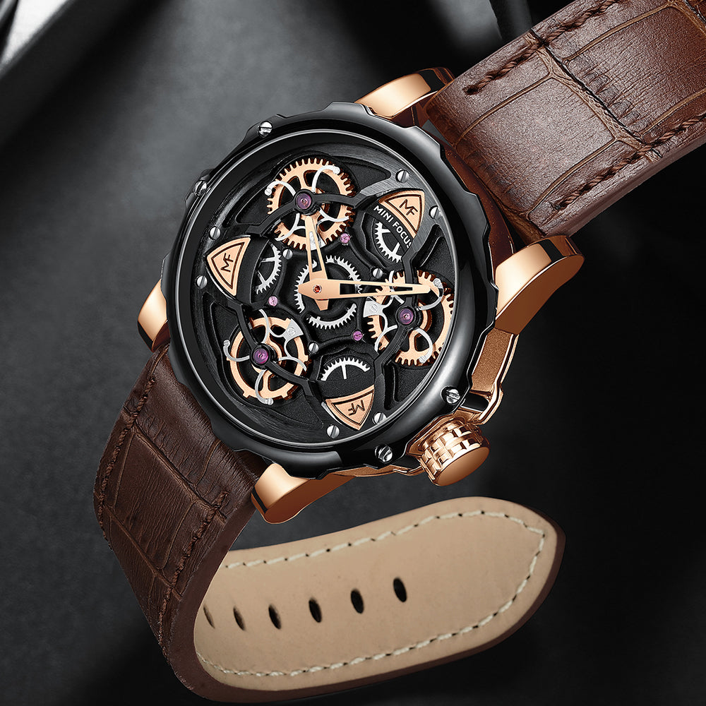Mini Focus MF0249G.05 Black Skeleton Dial Brown Leather Strap with Rose Gold Case Mechanical Watch