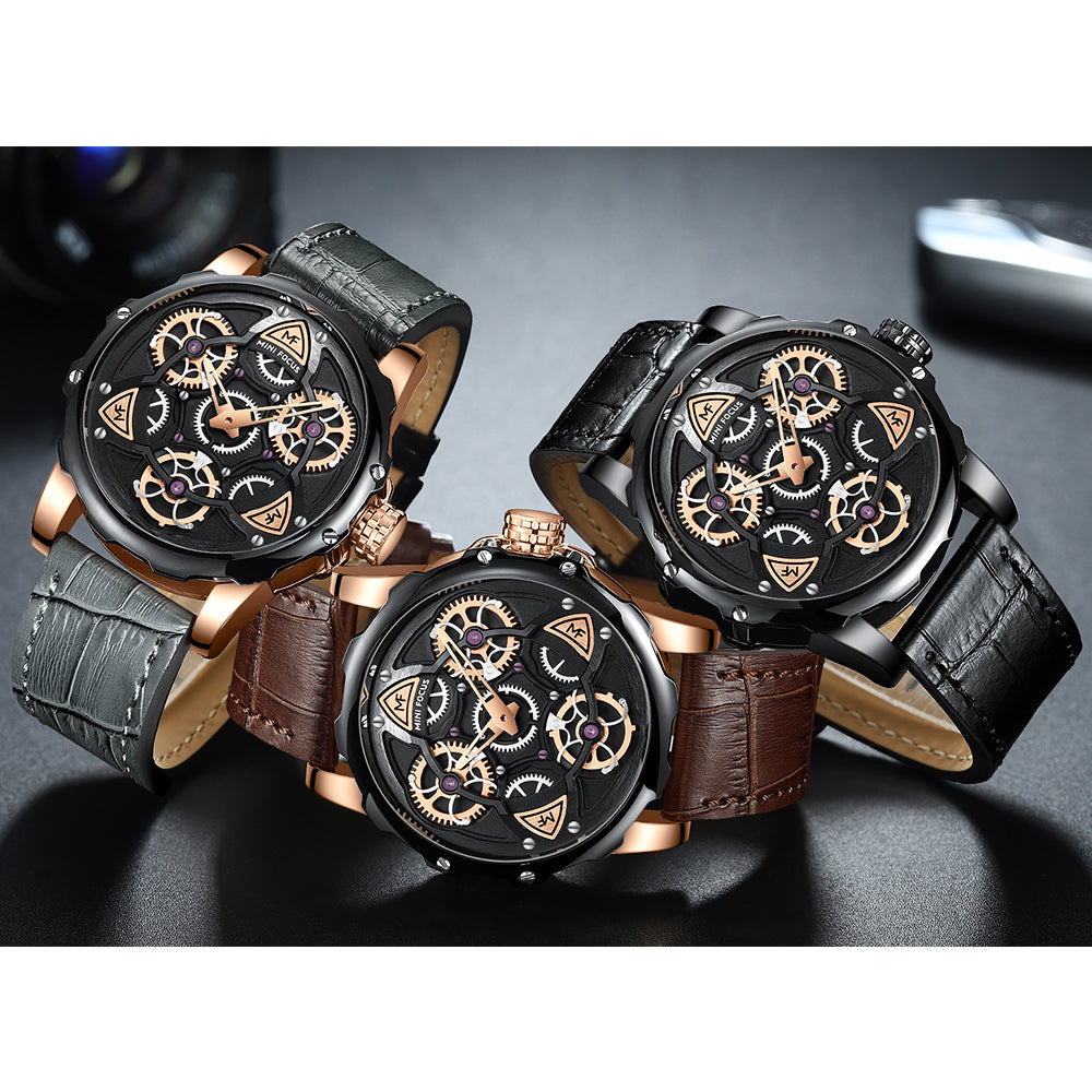 Mini Focus MF0249G.05 Black Skeleton Dial Brown Leather Strap with Rose Gold Case Mechanical Watch