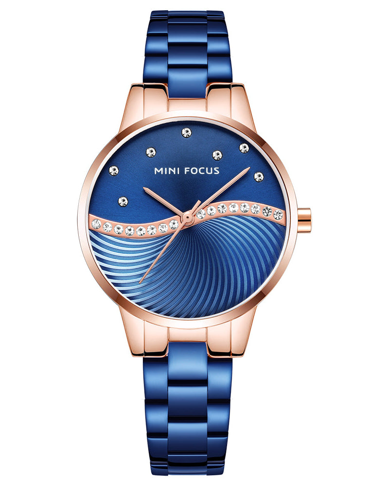 Mini Focus MF0263L.04 Women's Elegant Dress Watch – Wave Pattern Blue Dial with Crystal Accents, Rose Gold Case