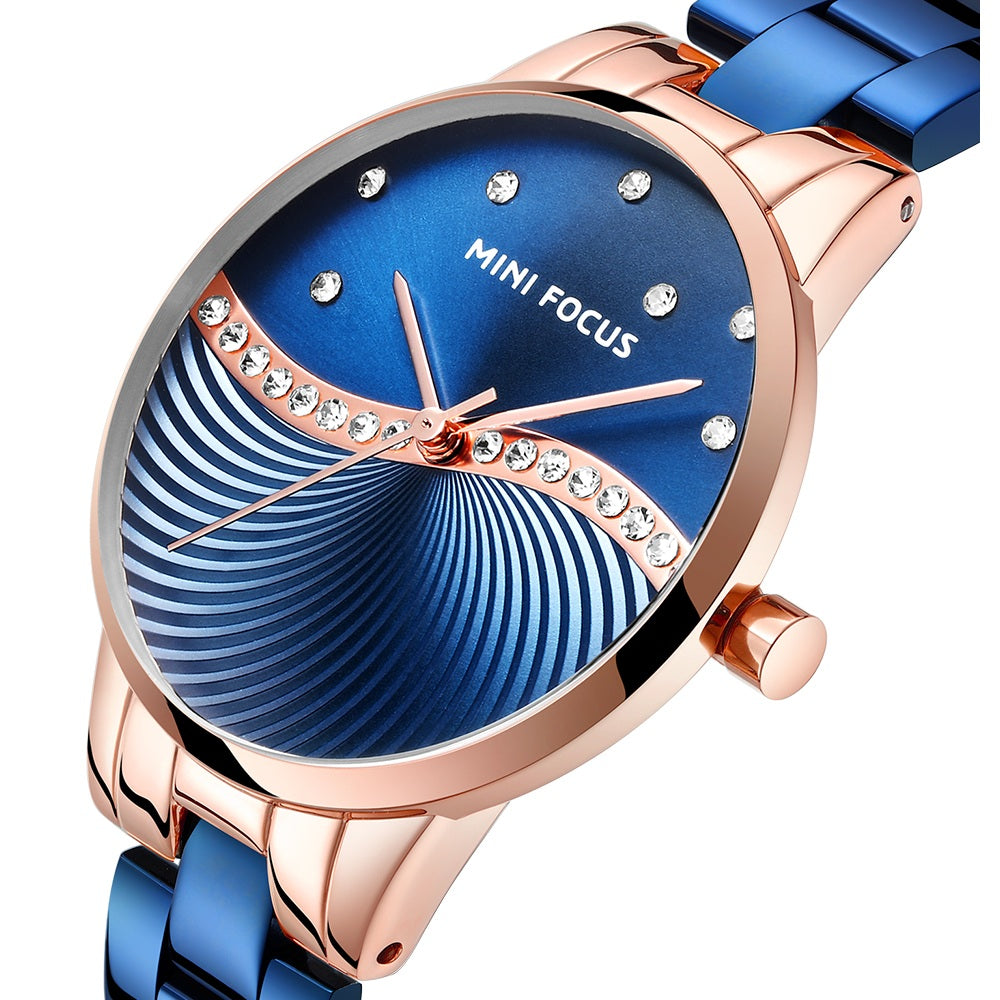 Mini Focus MF0263L.04 Women's Elegant Dress Watch – Wave Pattern Blue Dial with Crystal Accents, Rose Gold Case