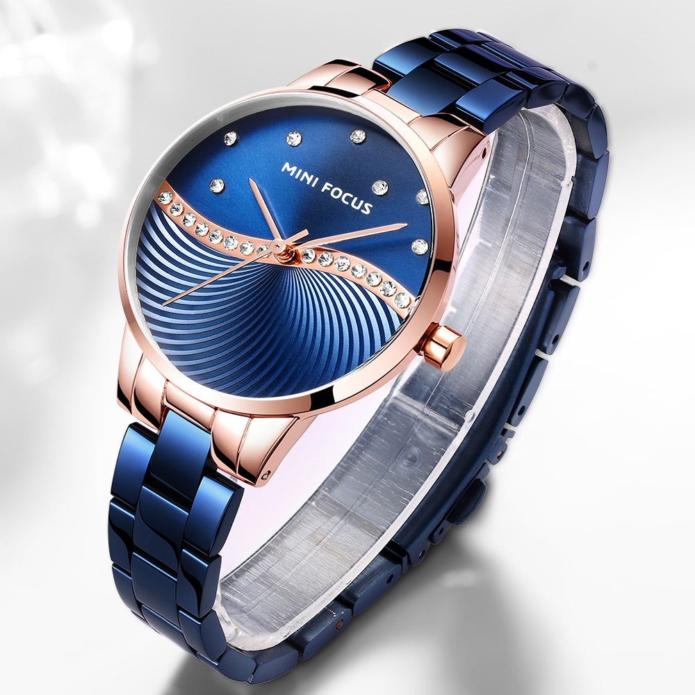 Mini Focus MF0263L.04 Women's Elegant Dress Watch – Wave Pattern Blue Dial with Crystal Accents, Rose Gold Case