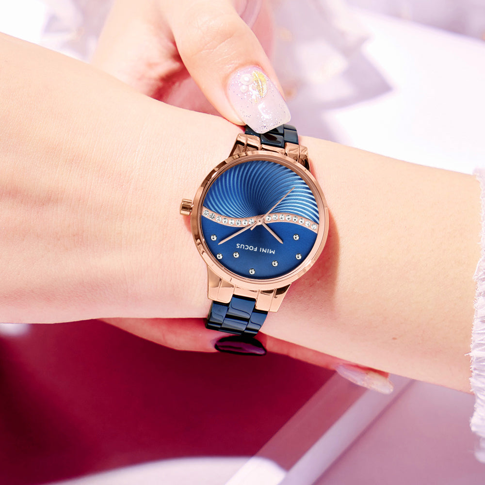 Mini Focus MF0263L.04 Women's Elegant Dress Watch – Wave Pattern Blue Dial with Crystal Accents, Rose Gold Case