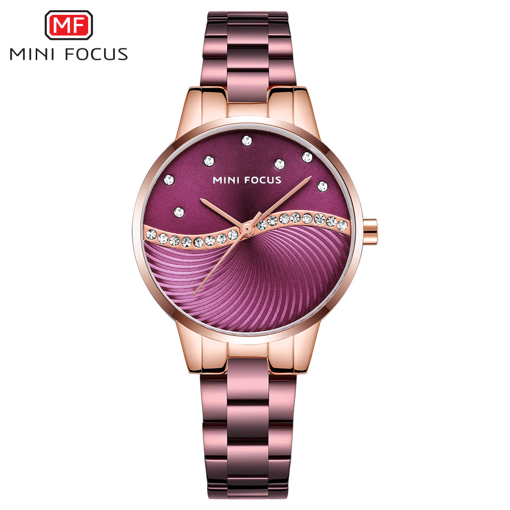Mini Focus MF0263L.05 Women's Elegant Dress Watch – Wave Pattern Pink Dial with Crystal Accents, Rose Gold Case
