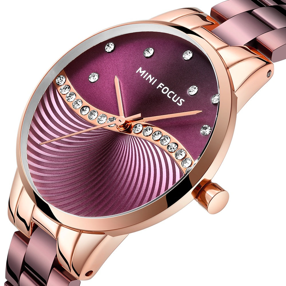 Mini Focus MF0263L.05 Women's Elegant Dress Watch – Wave Pattern Pink Dial with Crystal Accents, Rose Gold Case