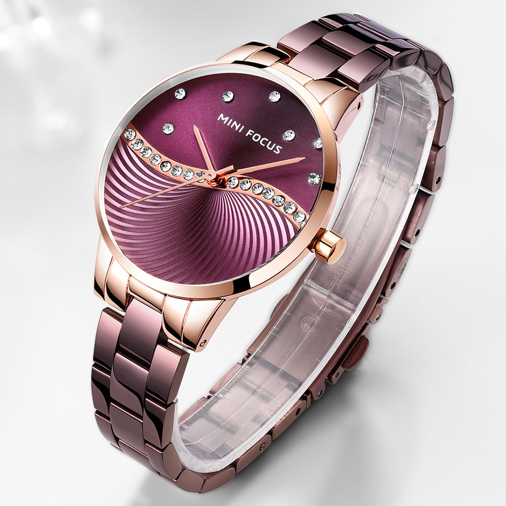Mini Focus MF0263L.05 Women's Elegant Dress Watch – Wave Pattern Pink Dial with Crystal Accents, Rose Gold Case