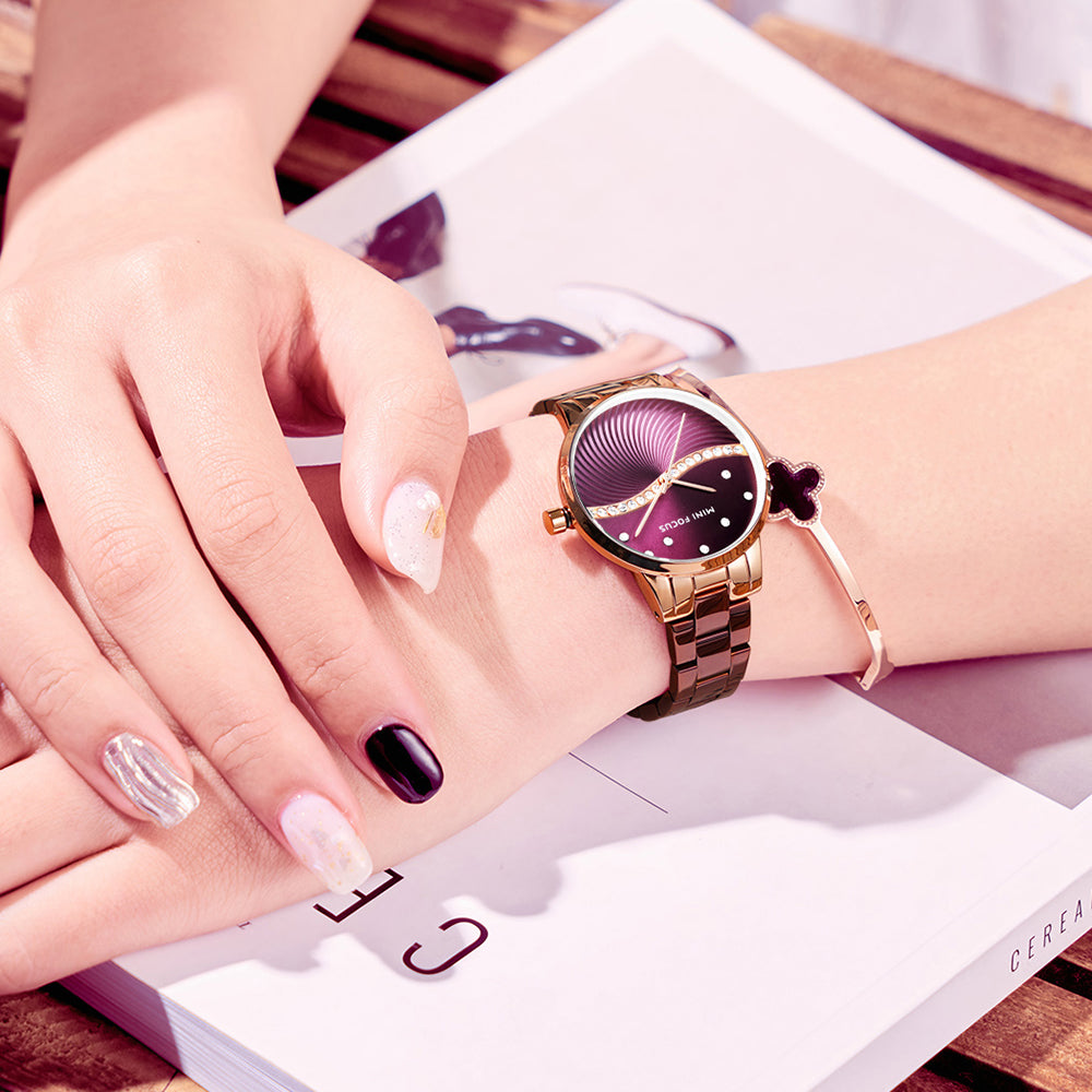 Mini Focus MF0263L.05 Women's Elegant Dress Watch – Wave Pattern Pink Dial with Crystal Accents, Rose Gold Case