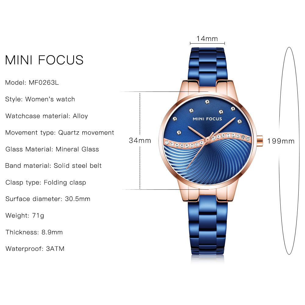 Mini Focus MF0263L.04 Women's Elegant Dress Watch – Wave Pattern Blue Dial with Crystal Accents, Rose Gold Case