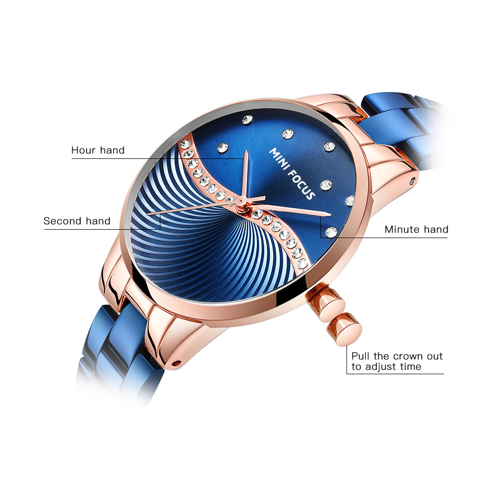 Mini Focus MF0263L.04 Women's Elegant Dress Watch – Wave Pattern Blue Dial with Crystal Accents, Rose Gold Case