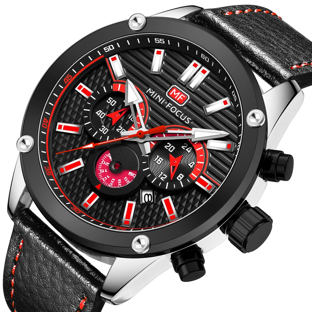 Mini Focus MF0288G.01 Leather Watch for Men with Red Chronograph Dial