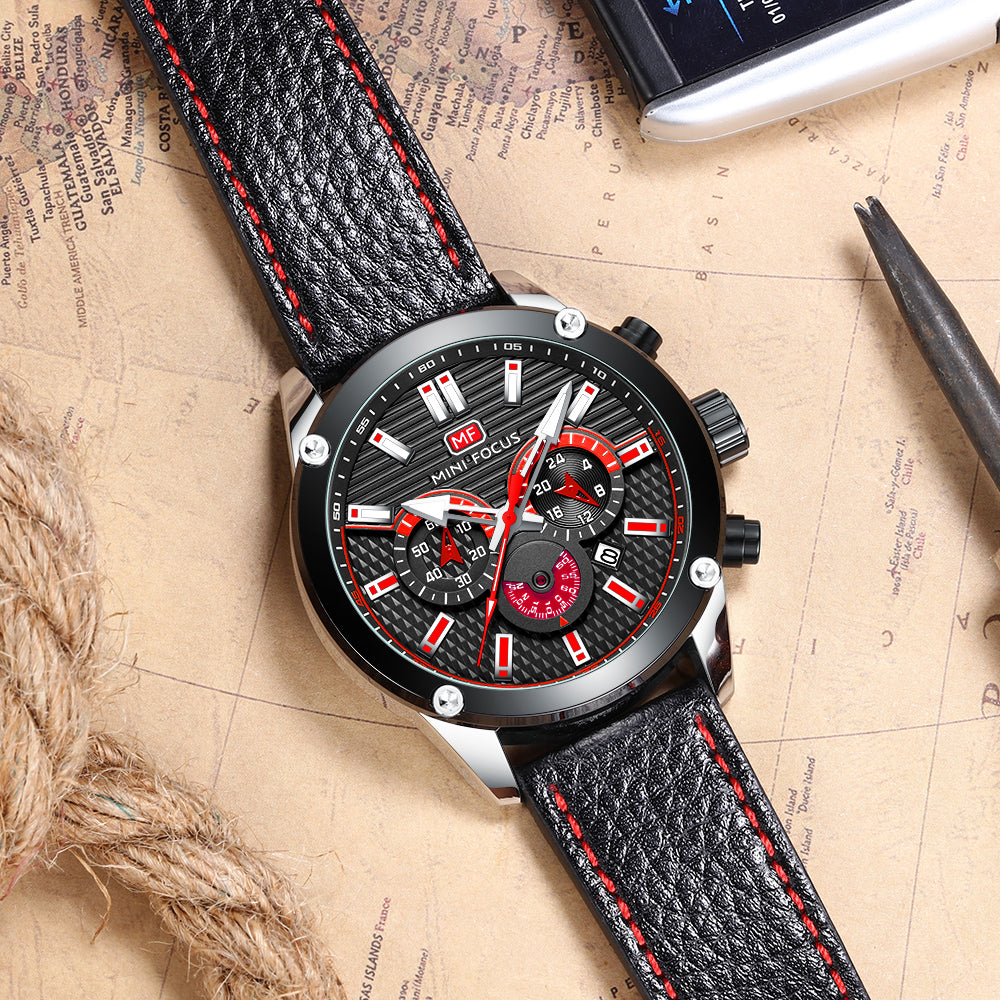 Mini Focus MF0288G.01 Leather Watch for Men with Red Chronograph Dial