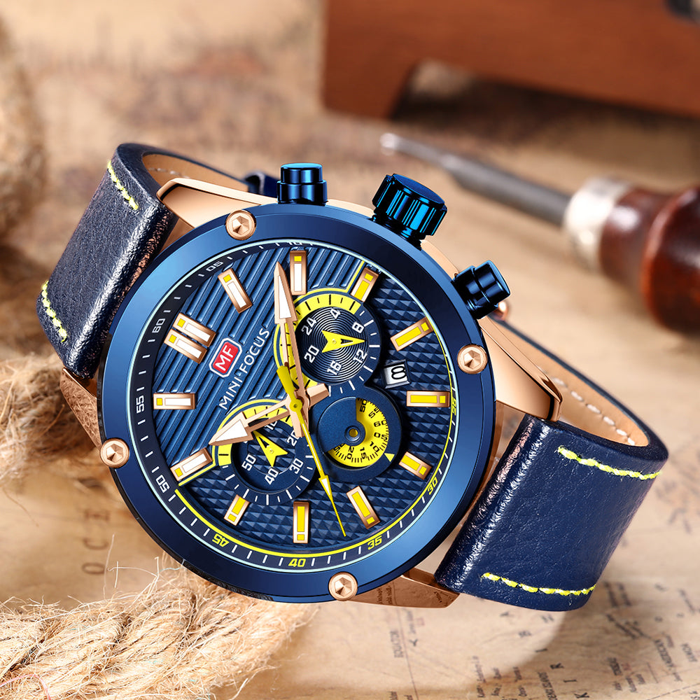 Mini Focus MF0288G.02 Racing-Inspired Blue Chronograph with Leather Strap