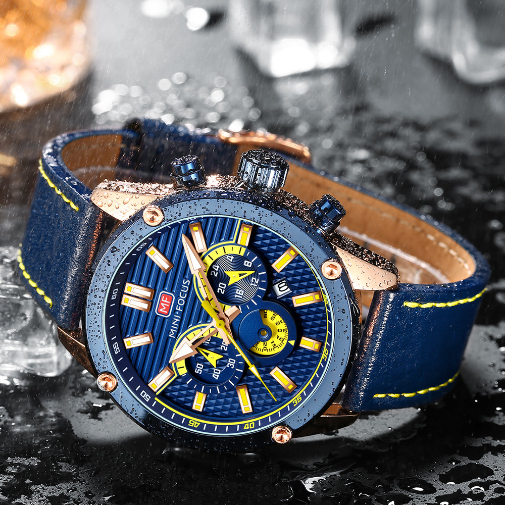 Mini Focus MF0288G.02 Racing-Inspired Blue Chronograph with Leather Strap
