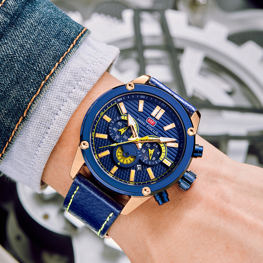 Mini Focus MF0288G.02 Racing-Inspired Blue Chronograph with Leather Strap