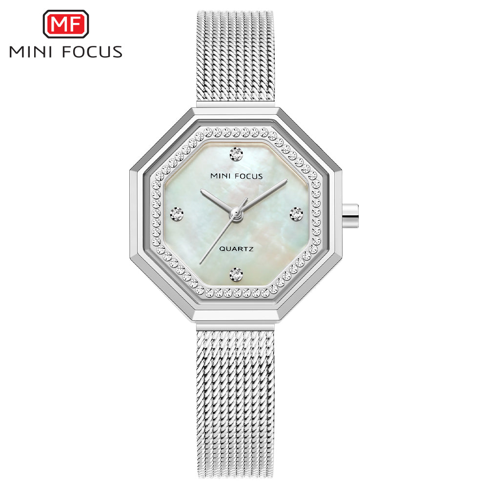 Octagon Dial Mother of Pearl Mesh Strap Watch for Women