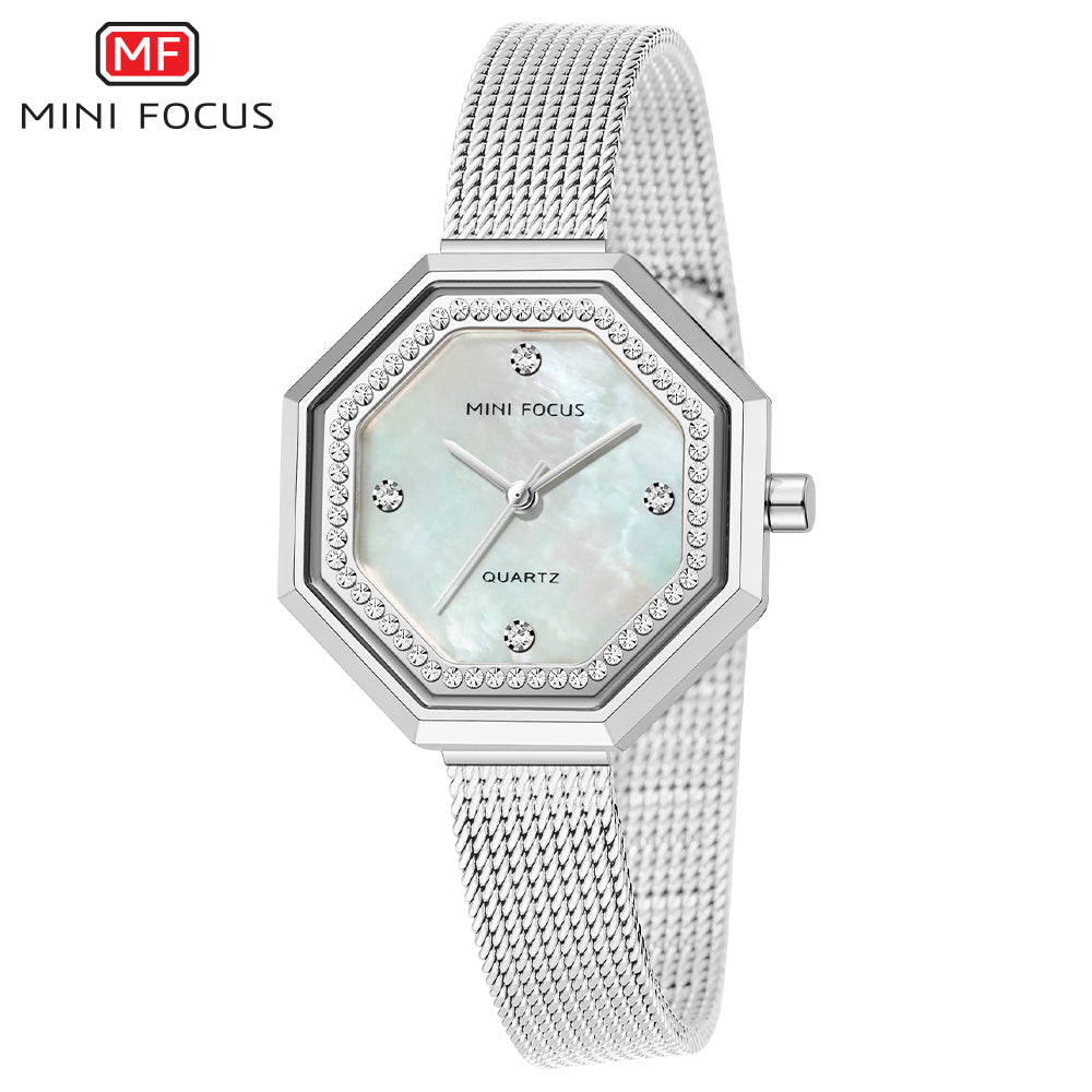 Octagon Dial Mother of Pearl Mesh Strap Watch for Women