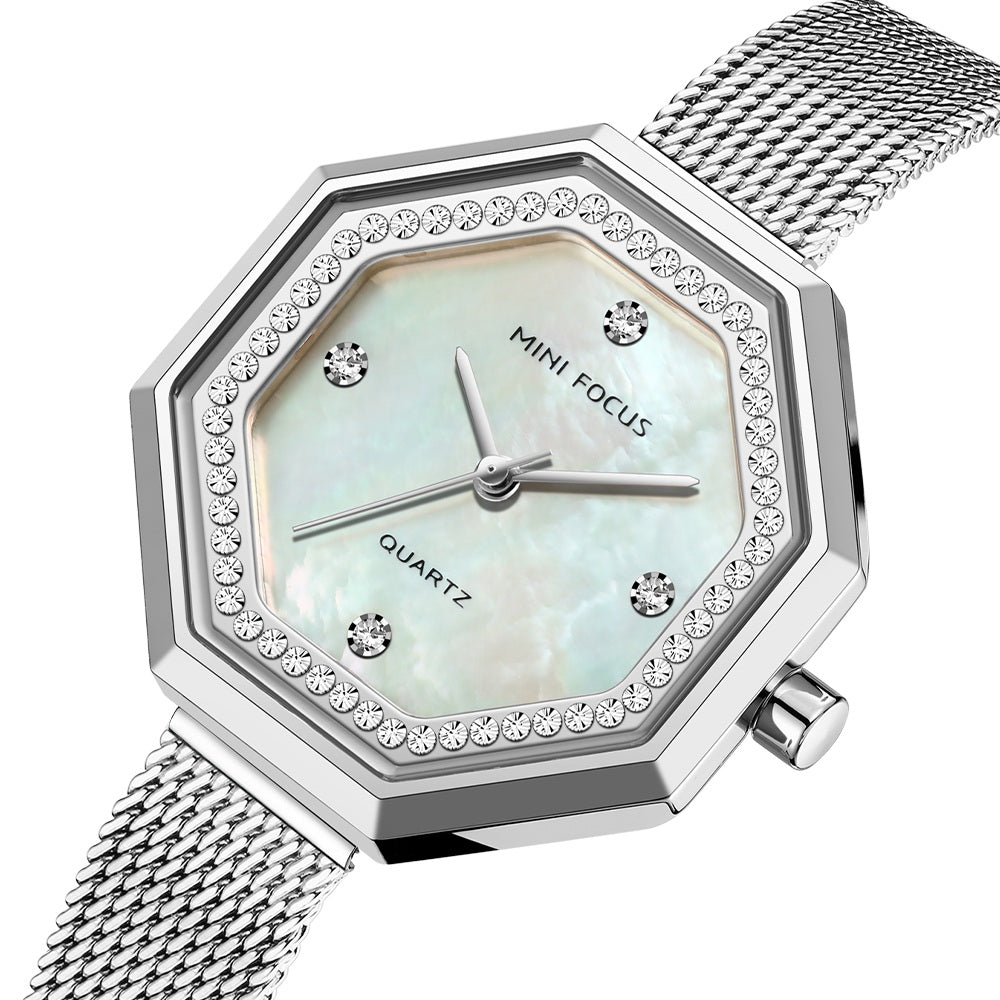 Octagon Dial Mother of Pearl Mesh Strap Watch for Women