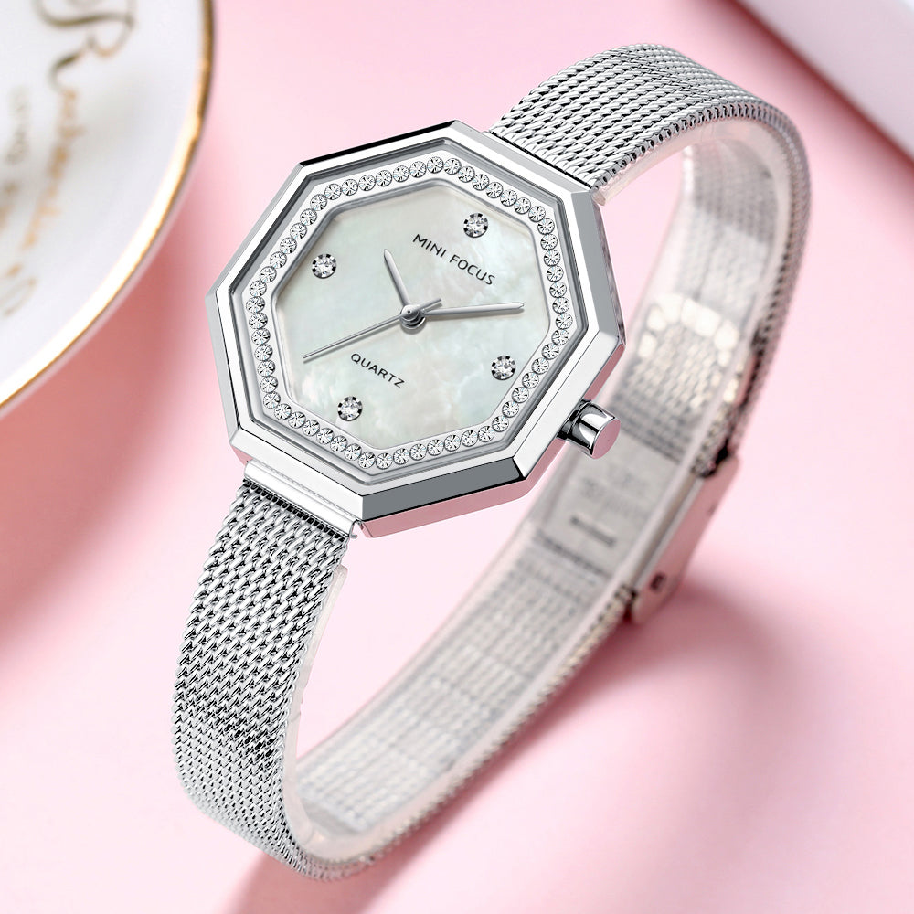 Octagon Dial Mother of Pearl Mesh Strap Watch for Women