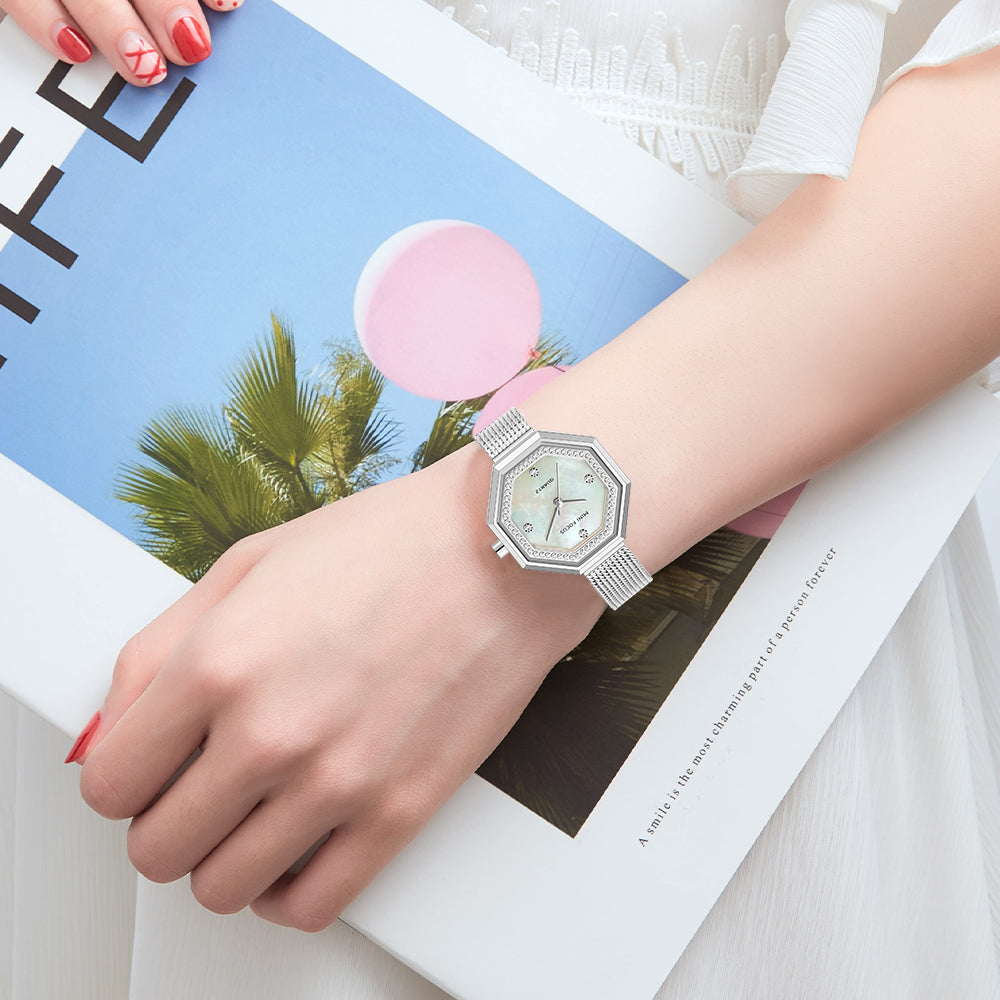 Octagon Dial Mother of Pearl Mesh Strap Watch for Women