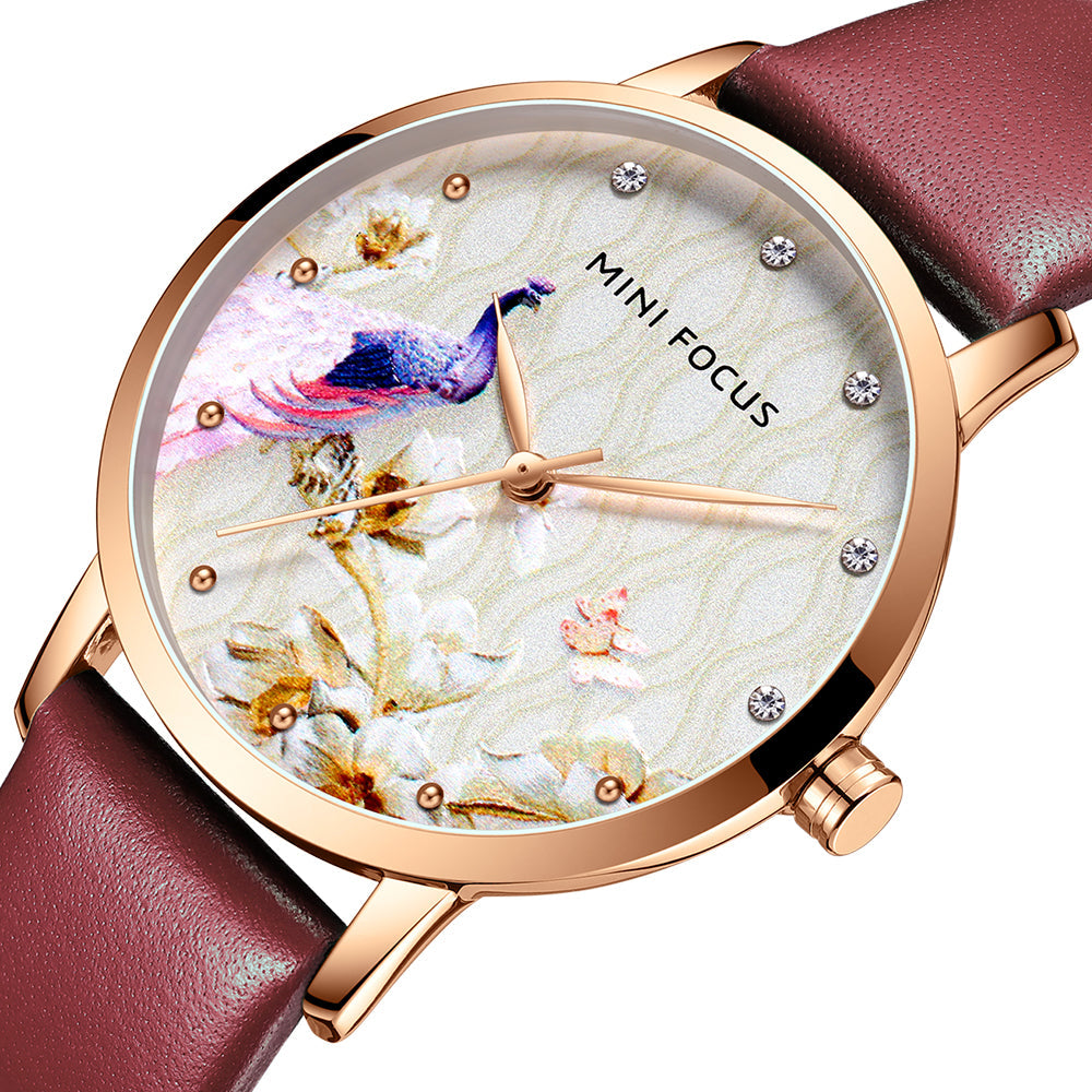 Crimson Red Peacock Print Dial Leather Watch for Women