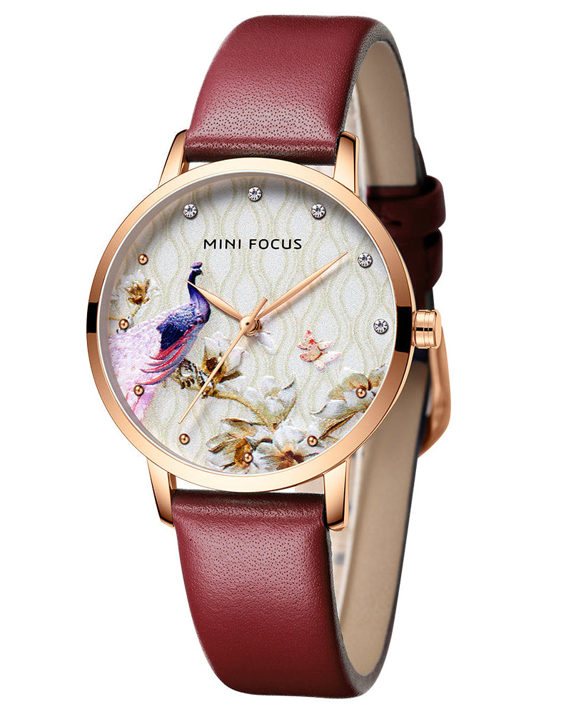 Crimson Red Peacock Print Dial Leather Watch for Women