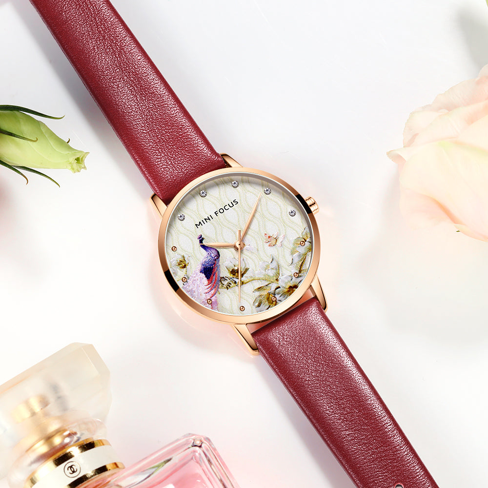 Crimson Red Peacock Print Dial Leather Watch for Women